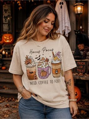 Hocus Pocus I Need Coffee To Focus Graphic Tee - Cream